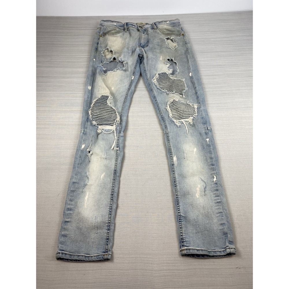 KDNK Jeans Grunge Paint Splatter Slim Fit Ripped Denim Men's Size 32 -11 4 14 11